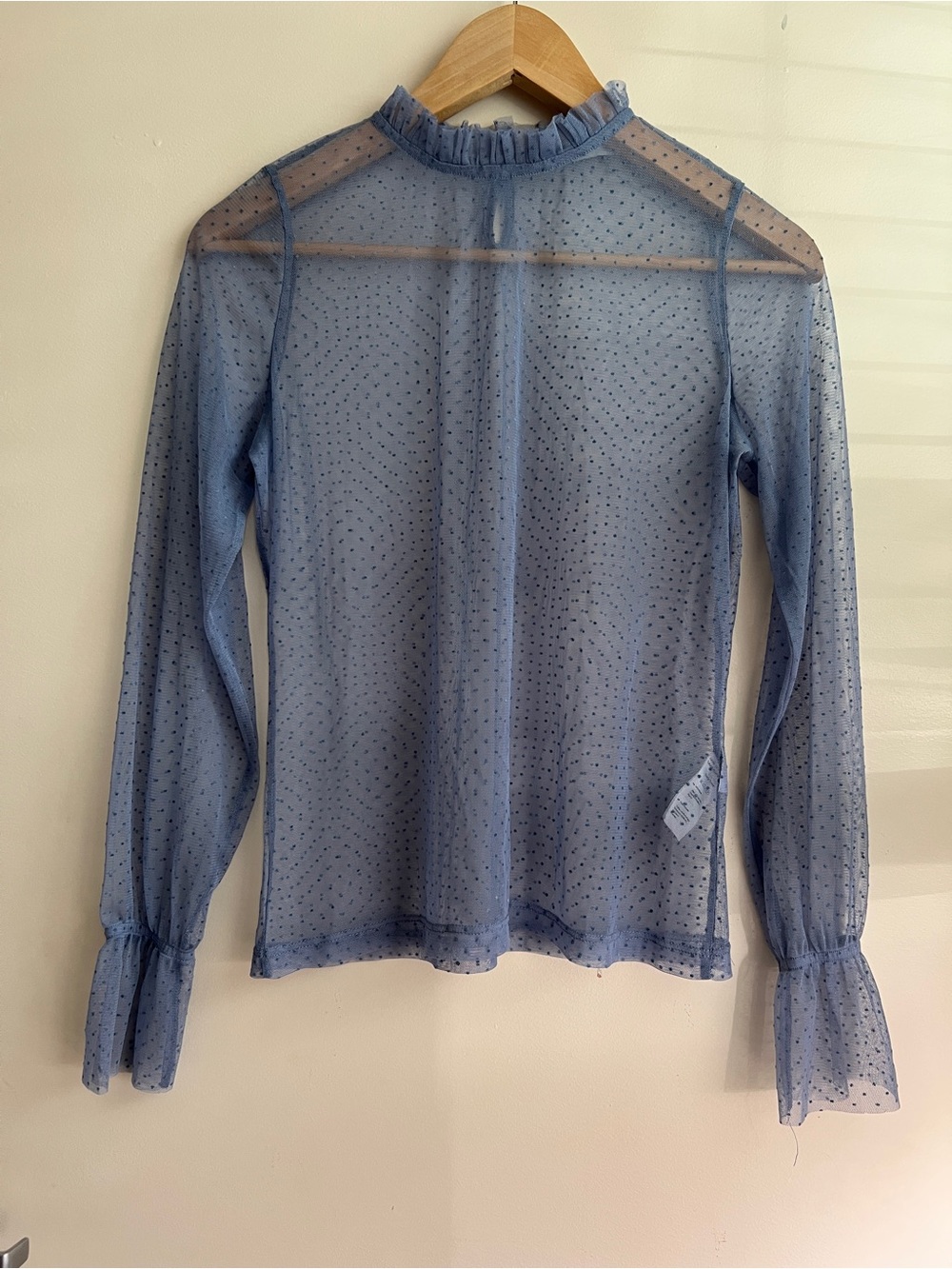 NA-KD Sheer Swiss Dot Long-Sleeve Mock Neck Top - Light Blue